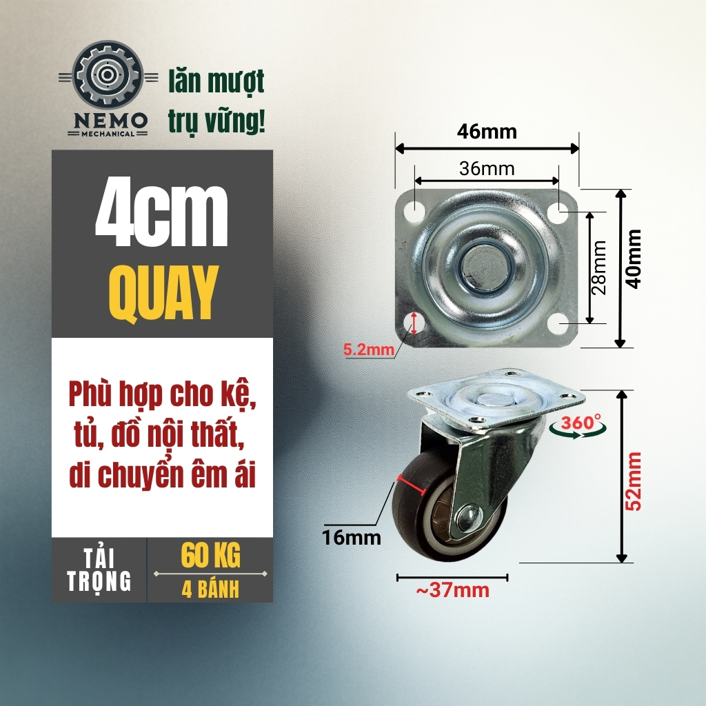 Bánh xe TPR nội thất, có ổ bi, gắn đồ nội thất, xe chòi chân trẻ em tải dưới 100kg